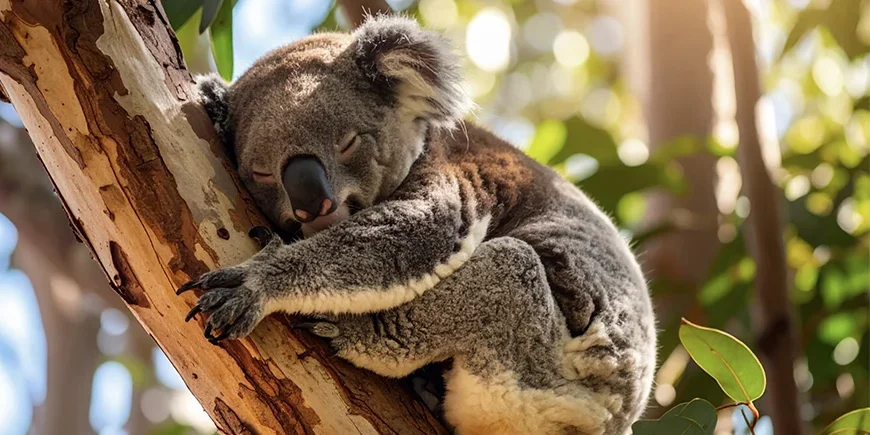 Koala som sover i ett träd