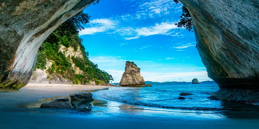 Utsikt över Cathedral Cove, Nya Zeeland