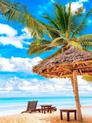 Tropisk strand i Mombasa med palmer och turkosblått hav