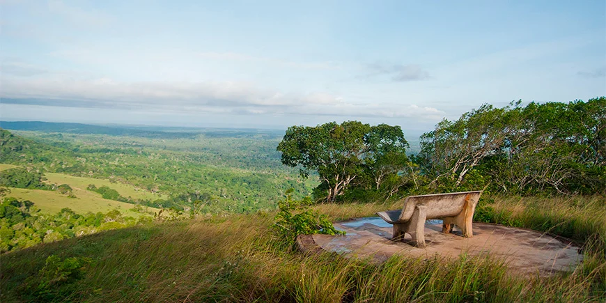Bänk med utsikt över Shimba Hills nära Mombasa i Kenya