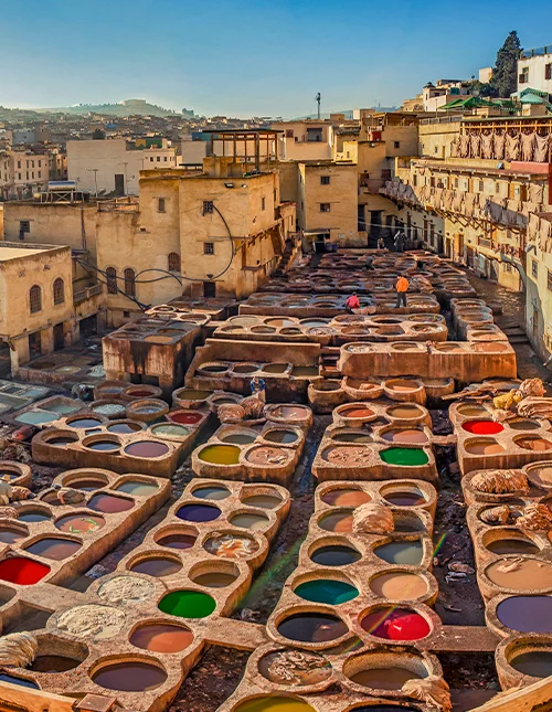 Panoramautsikt över garveriet i Fez, Marocko