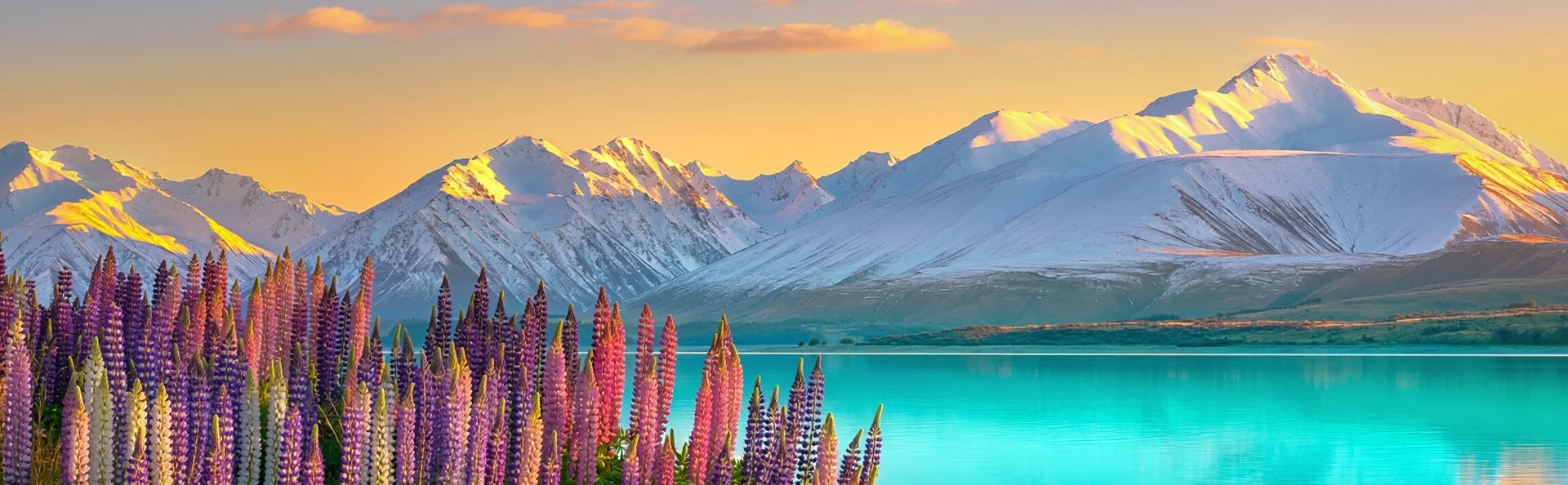 Lake Tekapo på Nya Zeeland med färgglada lupiner, turkosblått vatten och snötäckta berg