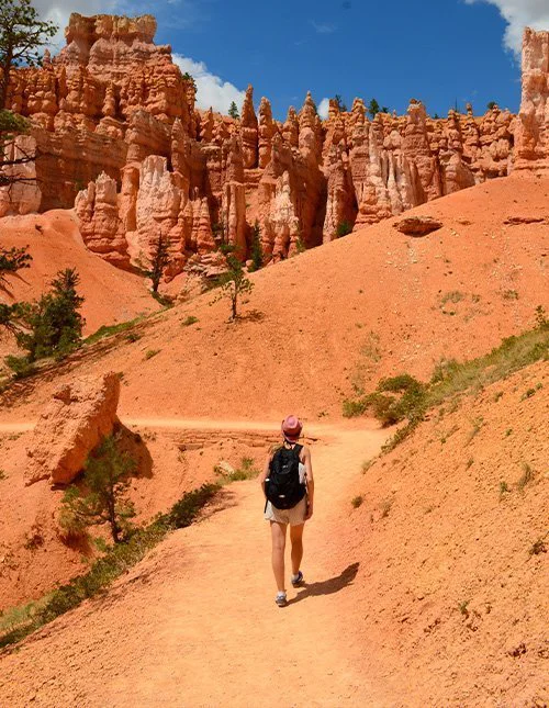 En person går på en stig mellan de ikoniska orangea klipporna i Bryce Canyon nationalpark i Utah, USA.