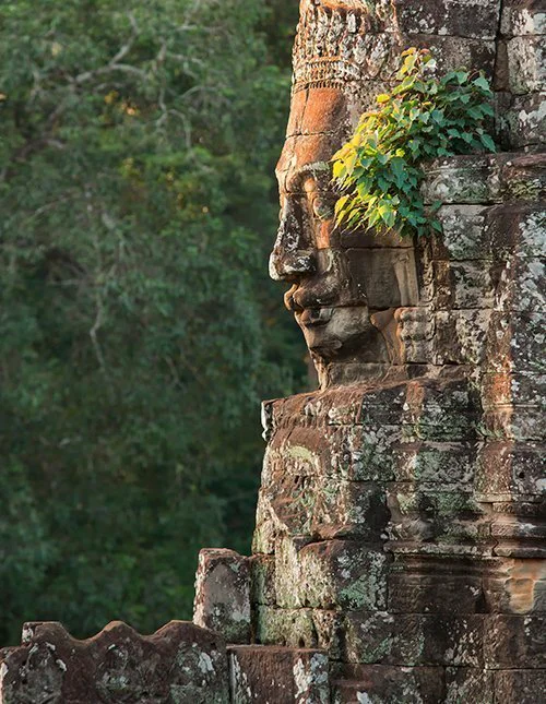 Buddhas ansikte uthugget i sten vid Bayontemplet i Kambodja