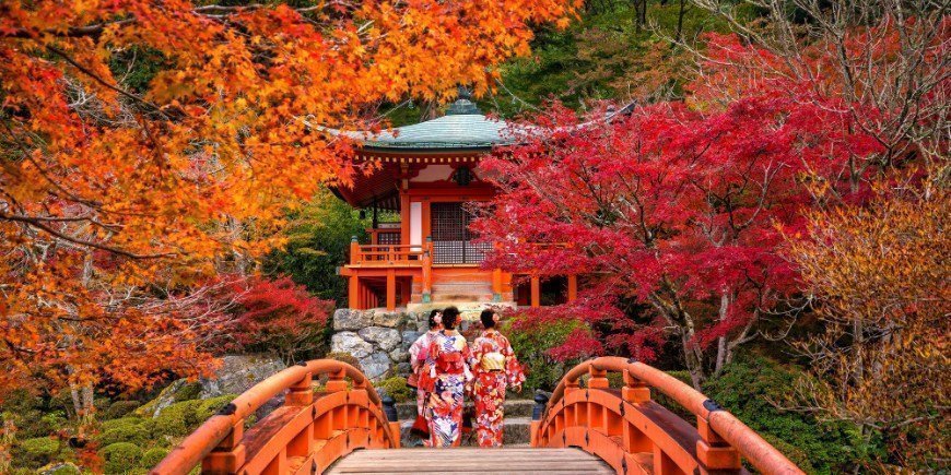 Unga kvinnor iförda traditionell japansk yukata vid Daigo-ji-templet på hösten 