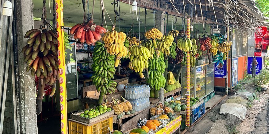 Vägbod med bananer i olika färger