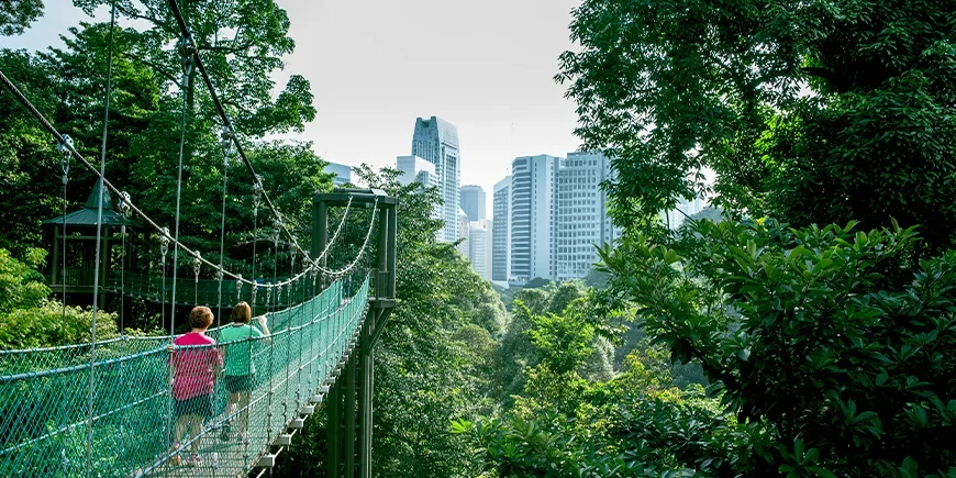 Två kvinnor går på en hängbro i KL Forest Eco Park i Kuala Lumpur