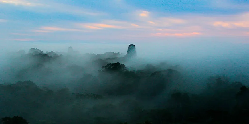 Blå soluppgång vid Tikal nationalpark i Guatemala