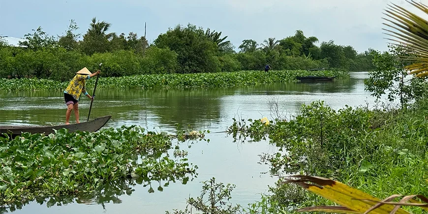 Vietnamesisk person i en båt i Mekongdeltat